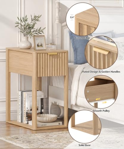 Akxomel Narrow Nightstand with Charging Station Fluted Table Walnut | Wooden Slim Bedside Table, Mid-Century Modern Night Stand with Drawer and Open Shelf, Small Side End Table, for Bedroom - color: Natural Oak, size: 21.7"D x 11"W x 23.6"H