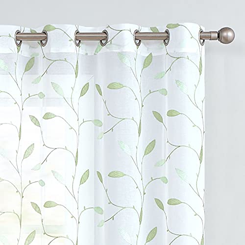 Embroidered Sheer Curtains Floral Leaf White Sheer Curtain for Bedroom Living Room Kitchen Rustic Voile Drapes Privacy Window Treatment Set of 2 Panels 96 Inches Long Grommet Top Green on White - color: *Grommet | Green on White, size: 55"W x 95"L (Pack o