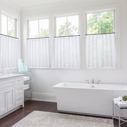 White Small Kitchen Curtains 32 Inch Length Sheer Linen Cafe Pinch Pleated See Out But Not in Non See Through Curtains for Living Room Bathroom - color: White, size: 24"W x 32"L (Pack of 1)