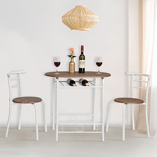 VINGLI 3 Piece Dining Set,Small Kitchen Table Set for 2,Breakfast Table Set,Kitchen Wooden Table and 2 Chairs for Small Space/Dining Room/Apartment,Metal Frame,Wine Rack,White&Warm Oak - color: Warm Oak