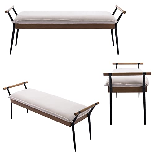 DUOMAY Modern Chenille Ottoman Bench with Arms & Metal Legs, White | Mid Century Rectangle Bench Footstool Dining Bench Entryway Shoe Bench For Bedroom Living Room - color: White