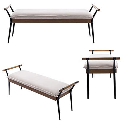 DUOMAY Modern Chenille Ottoman Bench with Arms & Metal Legs, White | Mid Century Rectangle Bench Footstool Dining Bench Entryway Shoe Bench For Bedroom Living Room - color: White