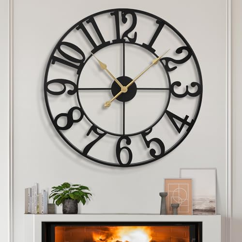 LEIKE Large Wall Clocks,Silent,Non Ticking,Battery Operated Big Retro Round Modern Metal Wall Clock for Living Room, Bedroom,Dinning Room,Farmhouse,Office,Home Decor-20 Inch(Black-Arabic Number) - color: Black Metal-arabic Number, size: 20 IN