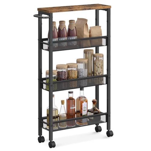 VASAGLE Slim Rolling Cart, 4-Tier Narrow Storage Cart with Handle, 5.1 Inches Deep, Metal Frame, for Kitchen, Dining Room, Living Room, Home Office, Rustic Brown and Classic Black ULRC032B01V1 - color: Rustic Brown + Classic Black, size: 4 Tiers (5.1"D x