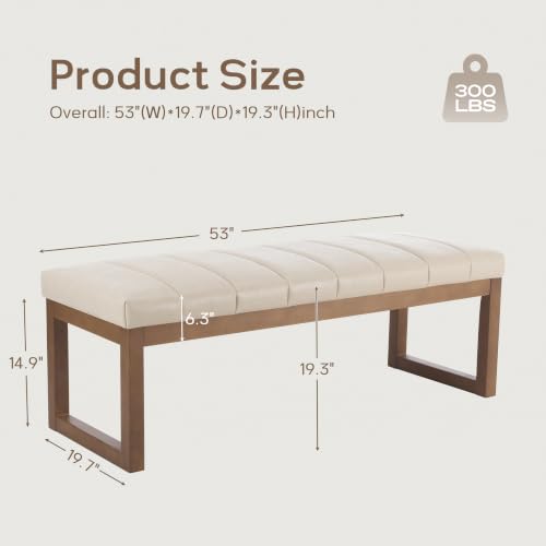 52.7" Bedroom Bench for End of Bed, Faux Leather Entryway Bench (Cream-PU) | Modern Upholstered Dining Bench & Footrest Stool Bench with Solid Wood Frame for Bedroom, Living Room - color: Cream-pu