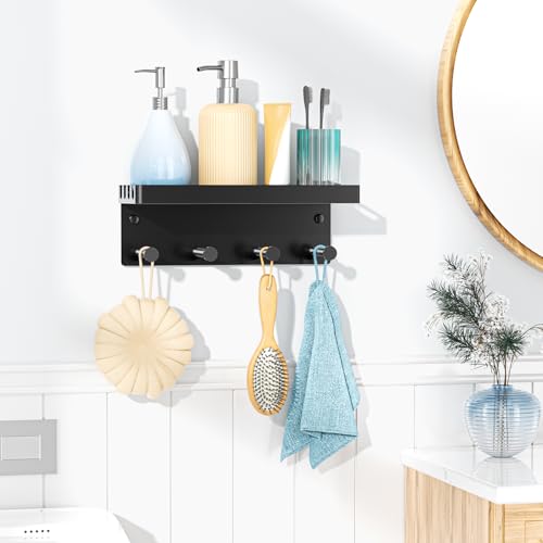 Pool Towel Racks with Shelf Wall Mounted, Pool Towel Holder Outdoor with 4 Hooks, Metal Towel Hanger Pool Accessories Organizer for Robe, Towel, Coat, Swimsuit, Bag, Keys