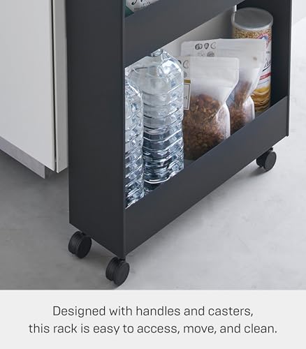 YAMAZAKI Home Tower Slim 4-Tier Rolling Storage Cart – Mobile Organizer for Kitchen Or Bathroom, 31.7" - Steel -