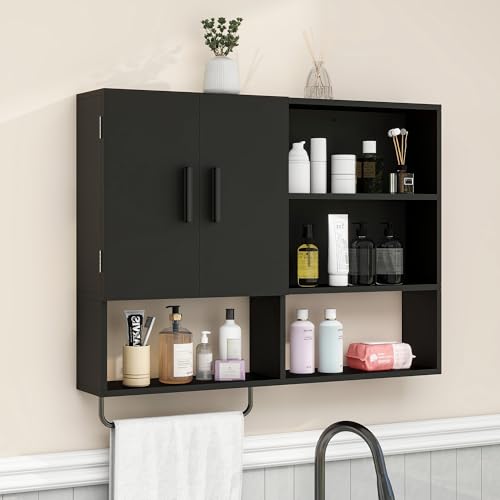 Bathroom Wall Cabinet with Towel Bar & 2 Doors, Black - color: Black