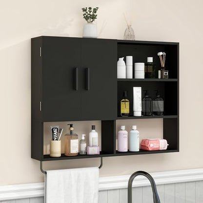 Bathroom Wall Cabinet with Towel Bar & 2 Doors, Black - color: Black