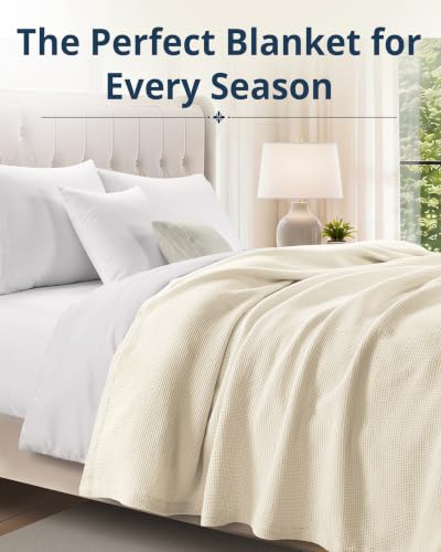 LANE LINEN Queen Blanket - 300 GSM Cotton - Warm & Cozy Blanket - Softer, Durable, Breathable & Classic Waffle Texture - Great for Everyday Bed Use & Relaxing on Couch - 90x90 inches - Sugar Swizzle - color: 07: Sugar Swizzle, size: Queen