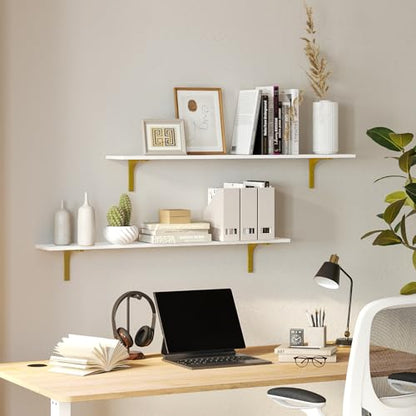 Long Wall Shelves, 39.4Inch Wooden Wall Mounted Shelves, Set of 4 | Large Floating Book Shelf, Metal Brackets, Easy Assembly, Max Load 33lbs, Wall Storage Ledges, Bedroom/Bathroom, White & Gold - color: White and Gold, size: 39.4 Inch (4 Pack)