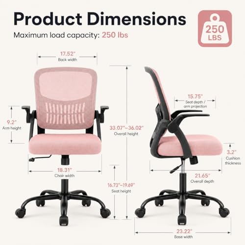 Ergonomic Office Chair, Home Office Desk Chair, Breathable Mesh Desk Chair with Adjustable Lumbar Support and Flip-up Armrests, Game Chairs, 360° Swivel Desk Chairs for Conference, Meeting Room(Pink) - color: Pink
