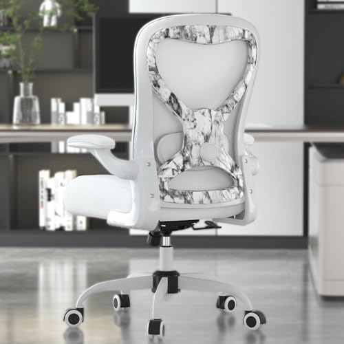Ergonomic Home Office Chair, 4-Way Lumbar, Thick Cushion, 330LBS | Adjustable Lumbar (up/down/in/out), Rocking Mesh Back, Flip-up Arms, Easy Assembly, Ideal for home offices & small workspaces - color: White+marble