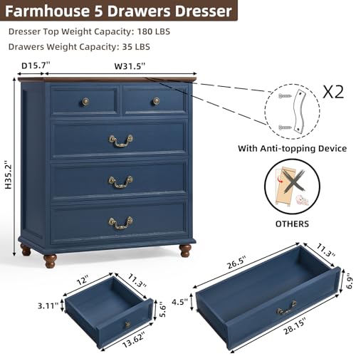 Joaxswe Farmhouse 5 Drawer Dresser Set of 2 for Bedroom, 35" Tall Rustic Chests of Drawers w/ 4 Solid Wood Feet, Mid Century Vintage Wooden Closet Storage Dressers Organizer for Living Room, Blue - color: Blue, size: 15.7"D x 31.5"W x 35.2"H (5 Drawers)