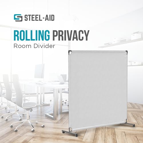 Steel-AID 60-inch Rolling Privacy Room Divider - Freestanding Office Wall Partition with Non See-Through Blackout Screen - Sturdy & Durable Iron Frame - Rolling Wheels - Black, White, Gray & Blue - color: White, size: 60"