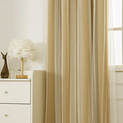 INLINAS Blackout Curtains with Sheer Overlay, Gold, 37x63 Inches | Grommet Top Double Layer Curtains for Bedroom and Living Room Thermal Reduction Light Blocking and Energy Saving, Set of 2 - color: Gold, size: 37"W x 63"L (Pack of 2)