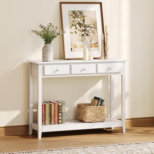 Yaheetech 42 Inch Narrow White Sofa Console Table with 3 Drawers and Shelf | White Entry Table for Living Room, Hallway and Entryway, Painted MDF, 13.5-Inch Slim Depth, 55 lb Top, Drawers Hide Clutter - color: White