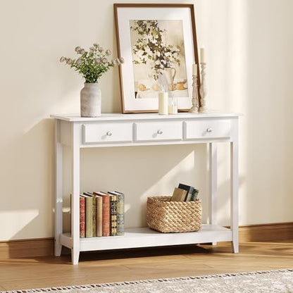 Yaheetech 42 Inch Narrow White Sofa Console Table with 3 Drawers and Shelf | White Entry Table for Living Room, Hallway and Entryway, Painted MDF, 13.5-Inch Slim Depth, 55 lb Top, Drawers Hide Clutter - color: White