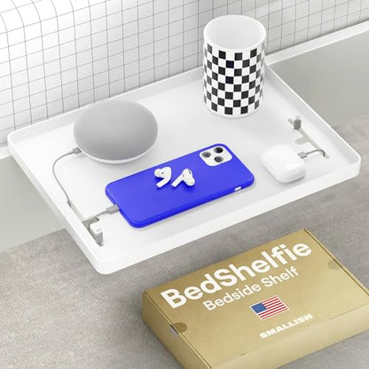 BedShelfie Bedside Shelf for Dorm Room - Cable Catch, White | Bunk Bed & Top Bunk, College Dorm Room Essentials, Bedside Caddy, Clip on Floating Desk Tray, Bed Side Table, Loft Nightstand - color: White