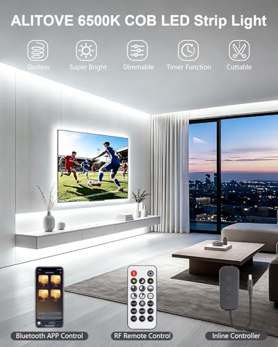 ALITOVE 50FT COB LED Light Strip 24V with Remote Bright White Strip 6500K | Bluetooth APP Control, Dimmable Dotless LED Tape Light. Flexible Rope Light, for Office Home Kitchen Cabinet DIY Lighting - color: 6500K Cold White, size: 50FT