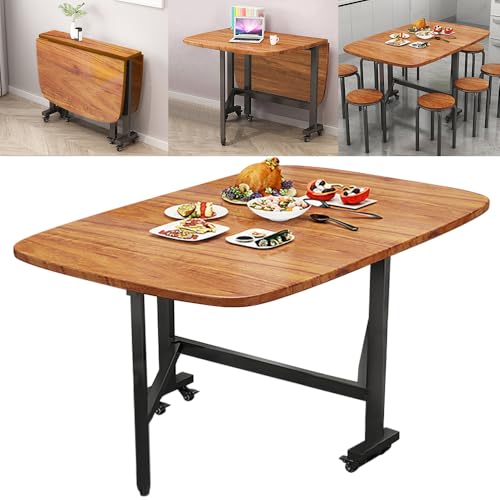 Multifunction Table Drop Leaf Dining Table - 47" Wooden Foldable Kitchen Table with 6 Wheels (Brown) - color: Brown