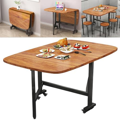 Multifunction Table Drop Leaf Dining Table - 47" Wooden Foldable Kitchen Table with 6 Wheels (Brown) - color: Brown