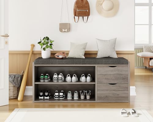 LVB 2-Tier Storage Bench with Padded Cushion, Entryway Bench with 2 Drawers | 2 Barn Doors & Adjustable Shelf, Industrial Style for Foyer, Bedroom, Living Room, Greige, 40 Inch - color: Greige