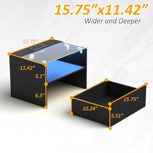 Arbuxzuy Floating Nightstand Set of 2 with Charging Station and Drawer | Black Modern Wall Mounted Bedside Table set owith Open Shelf, Floating Nightstand Made of Minimalist Wood & Glass for Bedrom