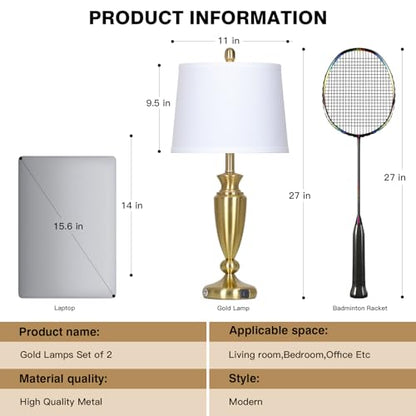 Rinweey 27'' Gold Table Lamps for Living Room with White Lampshade, 3 Way Touch Control Bedside Lamps Set of 2 with USB A+C Ports, Modern Metal Nightstand Lamp for Bedroom Office End Table - color: Gold-27"H