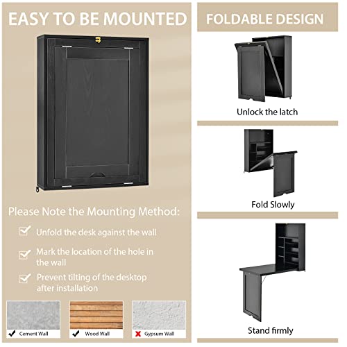Wall Mounted Desk, Wood Collapsible Floating Desk, Convertible Computer Desk with Storage Area, Hanging Fold Out Table for Home Office, Small Spaces (Black) - color: Black