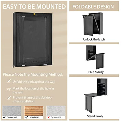 Wall Mounted Desk, Wood Collapsible Floating Desk, Convertible Computer Desk with Storage Area, Hanging Fold Out Table for Home Office, Small Spaces (Black) - color: Black