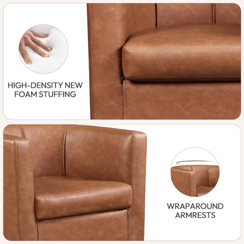 Yaheetech Barrel Accent Chair, Mid Century Armchair, Brown | Faux Leather Chair with High-Density Foam Seat, Upholstered Barrel Sofa Chair for Living Room Bedroom Waiting Room - color: Brown, size: Set of 1