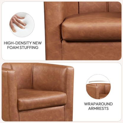 Yaheetech Barrel Accent Chair, Mid Century Armchair, Brown | Faux Leather Chair with High-Density Foam Seat, Upholstered Barrel Sofa Chair for Living Room Bedroom Waiting Room - color: Brown, size: Set of 1