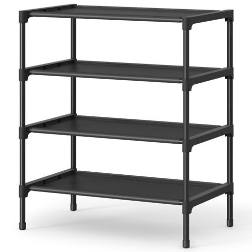 SONGMICS Shoe Rack, Space-Saving, Entryway, Metal Frame | Space-Saving Shoe Storage Organizer, Non-Woven Fabric Shelves, ULSH014BH01 - color: Ink Black, size: 4 Tiers (16.5"W)