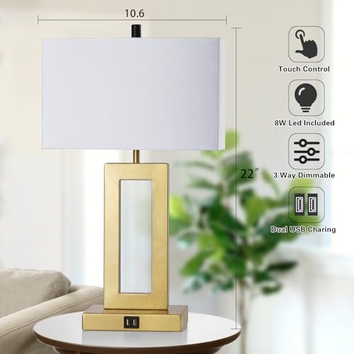 gernehop Gold Table Lamps Set of 2 with Dual USB Ports,3-Way Dimmable Touch Control Bedside Lamps,22inch Tall Modern Bedroom Table Lamp for Living Room,Nightstand LED Bulbs Included - color: 22Inch Whie&Gold