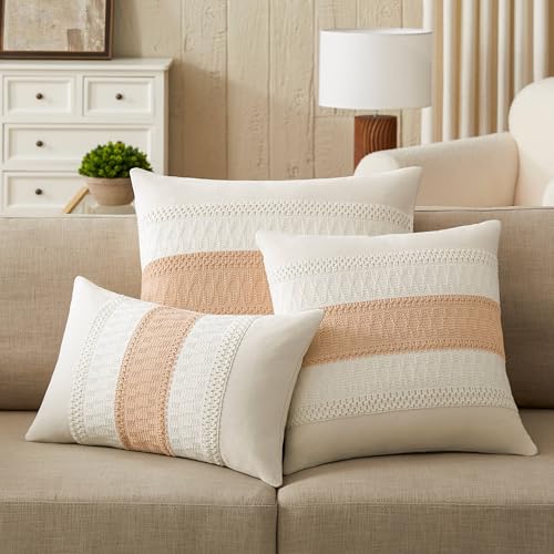 2 Pack Boho Throw Pillow Covers, Contrast Beige 20x20in | Soft Breathable Cotton, Farmhouse Decorative Couch Pillow Cases, Cushion Covers for Sofa Bed Living Room Home Decor - color: Contrast/Beige, size: 20" x 20" (Pack of 2)