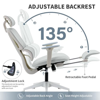 Ergonomic Office Chair with Footrest, 90-135° Reclining High Back Desk Chair with Lumbar Support, 2D Headrest, 2D Armrests, Computer Chair for Long Hours, Light Grey - color: Light Grey