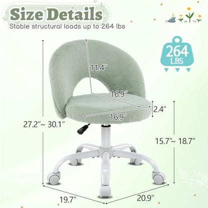 VINGLI Small Vanity Chair with Faux Fur Wheels for Girls,Cute Adjustable Height Armless Office Desk Chair,360°Swivel Comfy Rolling for Study,Make up Room,Small Space,Mint Green - color: Furry Mint Green