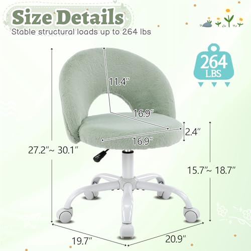 VINGLI Small Vanity Chair with Faux Fur Wheels for Girls,Cute Adjustable Height Armless Office Desk Chair,360°Swivel Comfy Rolling for Study,Make up Room,Small Space,Mint Green - color: Furry Mint Green