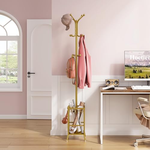 Hoctieon Coat Rack Freestanding, Coat Tree with Umbrella Holder | Metal Coat Rack Stand with 12 Hooks, Standing Coat Hanger Stand, Umbrella Stand for Entryway, Hat Rack Stand for Home Office - color: Gold