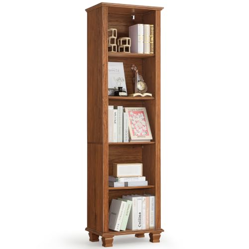 70" Tall Narrow Book Shelf, 5-tire Bookshelf with Adjustable Shelves & Solid Wood Legs, Farmhouse Freestanding Bookcase with Open Storage, Wood Book Case for Office, Living Room, Brown - color: Brown