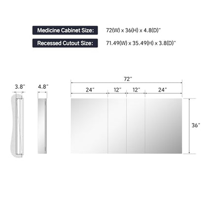 72"x36" Medicine Cabinet with Mirror & Soft Close Hinges, Surface Mount or Recessed Medicine Cabinet with Adjustable Shelves, Bathroom Wall Medicine Cabinet with Storage, Aluminum Alloy Frame, Combo - size: 72" x 36"