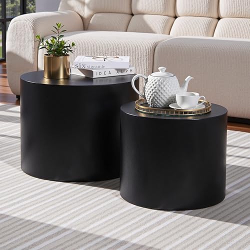 Nesting Coffee Table Set of 2, Modern Round Coffee Table with Non-Slip Feet, Wooden Circle Accent Tables for Small Spaces Living Room Bedroom Balcony Office Drum Side Table (Black) - color: Black