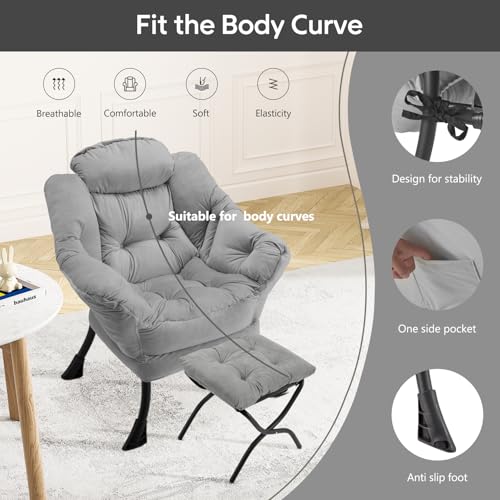 Lazy Chair with Folding Ottoman Modern Large Accent Chair,Contemporary Lounge Leisure Sofa Chair with Armrests Upholstered Sofa Armchair Reading Chair for Bedroom,Dorm&Office (Light Grey-f) - color: Light Grey