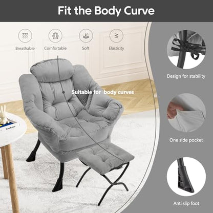 Lazy Chair with Folding Ottoman Modern Large Accent Chair,Contemporary Lounge Leisure Sofa Chair with Armrests Upholstered Sofa Armchair Reading Chair for Bedroom,Dorm&Office (Light Grey-f) - color: Light Grey