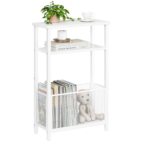 MMEOLUOOK Narrow Side Table with Storage Basket Skinny End Tables for Smalls Spaces 3 Tier Sofa Table Small Nightstand Slim Bedside Table for Living Room Bedroom White MLBZ22W - color: White