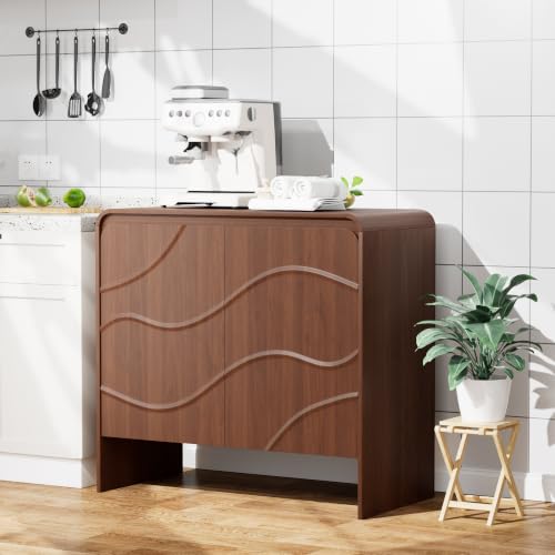 Godchoices 31.5'' Small Sideboard Buffet Cabinet with Storage,Modern Farmhouse Accent Credenza with Wavy Doors & Adjustable Shelf, Console Cabinet for Kitchen,Living Room,Dining Room,Entryway,Hallway - color: Walnut