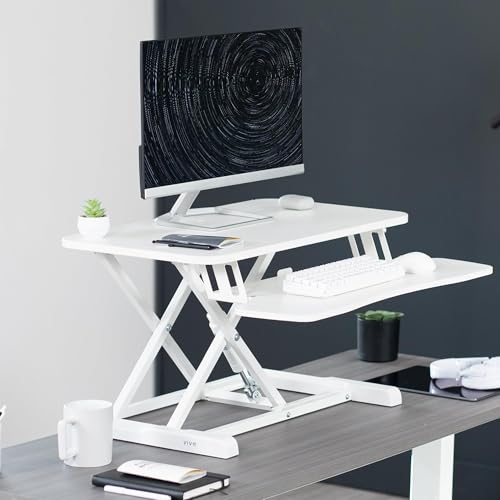 VIVO White 28 in Standing Desk Converter, DESK-V028KW | Height Adjustable, Stand Up Desk Riser, Wide Keyboard Tray, Dual Monitor and Laptop Workstation, White Frame, K Series - color: White, size: 28"