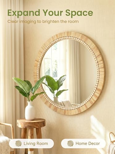 OYPEIP 24 Inch Round Natural Rattan Wall Mirror, Boho Decorative Mirror with White Beads, Rustic Farmhouse Circle Mirror for Living Room, Entryway, Bathroom, Bedroom
