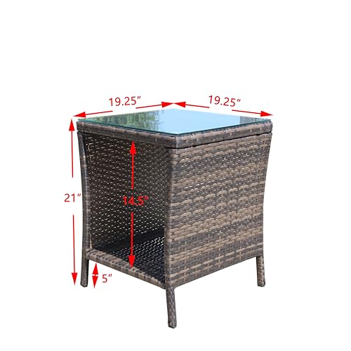 IRONORA Outdoor Wicker Side Table Patio Side Tables for Outside, Tempered Glass Top Wicker Table with Storage End Table for Balcony Porch Deck - color: Brown